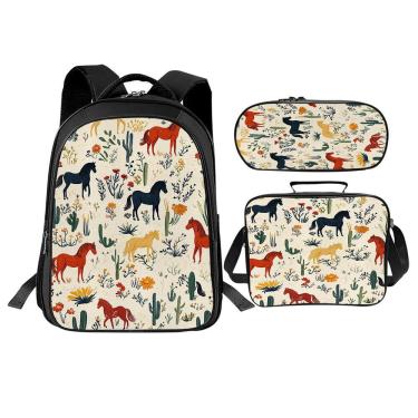 Imagem de Conjunto de mochilas escolares Trimety Horses com lancheira e estojo de lápis