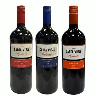Imagem de Kit 3 Vinho Cabernet, Merlot e Carmenere Chileno 1L Carta Vieja