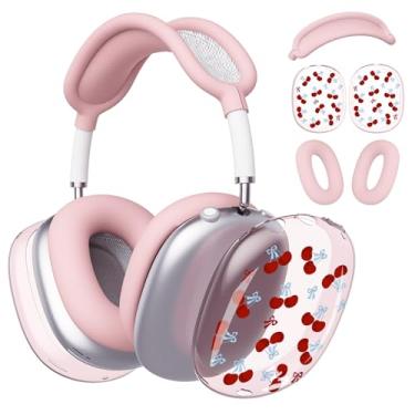Imagem de BlHMCASE Capa de fone de ouvido para AirPods Max, capa para fones de ouvido Kawaii, com laço de cereja fofo, capa de silicone rosa para Apple AirPods Max