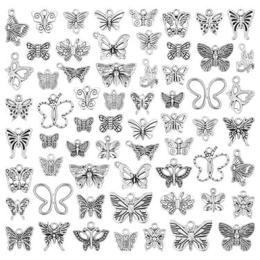 Imagem de JIALEEY Pingentes de borboleta para fazer joias e artesanato, 60 peças, pingente de borboleta banhado a prata tibetana