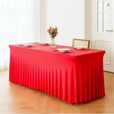 Imagem de Toalha de mesa elástica opcional de 1,8 m, para banquete de hotel, festa de casamento, com saia plissada de elastano, tamanho retangular, 2 peças, vermelho brilhante