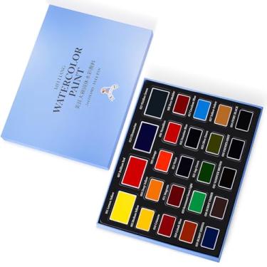 Imagem de MEI LIANG Conjunto de tinta aquarela com 24 cores, 4 cores primárias grandes (vermelho, amarelo, ultramarino, verde), altamente pigmentado, formas removíveis, perfeitas para iniciantes, artistas e