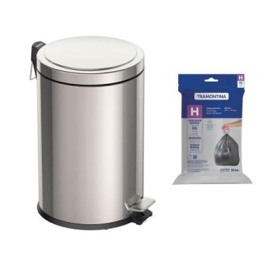 Imagem de Lixeira Tramontina Brasil com Pedal 20L Redonda Inox + Saco de Lixo, I
