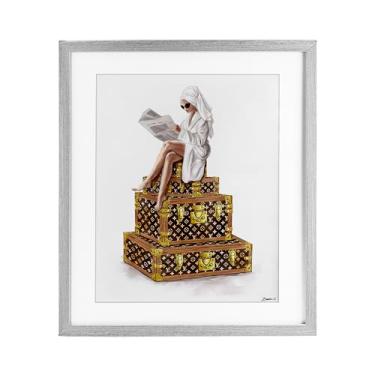 Imagem de Stupell Industries Reading Atop Suitcases Impressão emoldurada cinza design sob vidro por Ziwei Li, 16 x 13