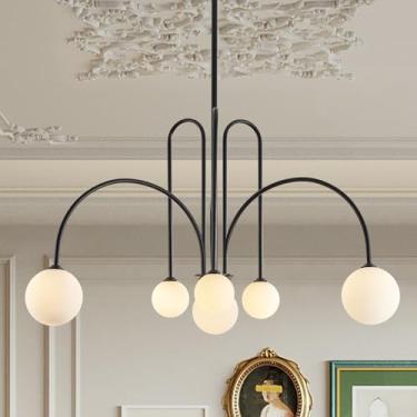 Imagem de CATINER Lustre preto moderno com 6 luzes Sputnik lustre para sala de jantar grande L101 cm de comprimento de meados do século luminárias com globo de vidro para hall de entrada quarto