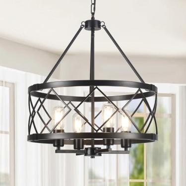 Imagem de QAREHL Lustre de fazenda moderno 4 lustres pretos claros para sala de jantar 43 cm rústico vintage pendurado tambor luz pendente para hall de entrada, cozinha, sala de estar
