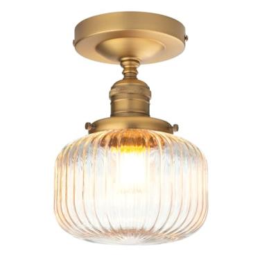 Imagem de PERMO Luz de teto moderna pequena de montagem semiembutida luzes de teto de vidro luminárias de corredor com abajur de vidro canelado plano ouro antigo