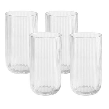 Imagem de Jogo 4 Copo de Vidro Alto para Água Suco Lines Transparente 430ml Wolf