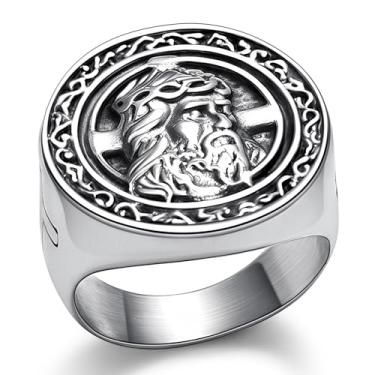 Imagem de Hoyazvet Anel de cruz de Jesus para homens - Aço inoxidável/ouro/joia religiosa preta - Presente de batismo cristão para ele, tamanho 7-13, Metal, Sem pedra preciosa