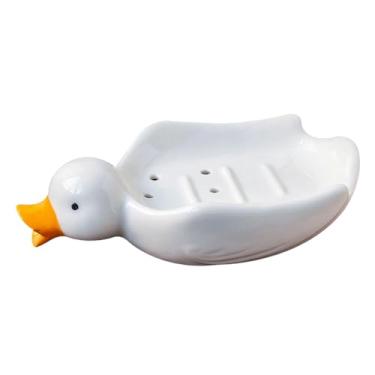 Imagem de IEUDNS Porta-sabonete em formato de pato, enfeite fofo de cerâmica, fácil de limpar, recipiente para saboneteira com autodrenagem para banheiro, cozinha,