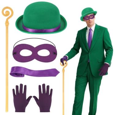 Imagem de BOUTICOL 5 PCS Evil Backstage Manipulator Costume include Green Hat Purple Eye Mask Gloves Tie and Golden Cane for Halloween Cosplay Party
