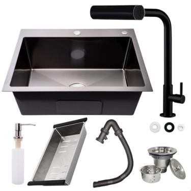 Imagem de SOFTINOX Kit Cuba de Cozinha Inox 304 60x45, Preta Fosco, Embutir ou Sobrepor, Com Acessórios + Torneira Gourmet 4 Jatos