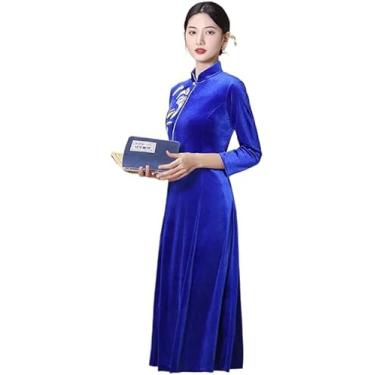 Imagem de Mulheres Manga Curta Cheongsam - Primavera Tamanho Grande Moda Bordado Banquete Festa Cheongsam Estilo Chinês Sexy Fenda Lateral Colarinho Vestido De Veludo, Blue, 3XL