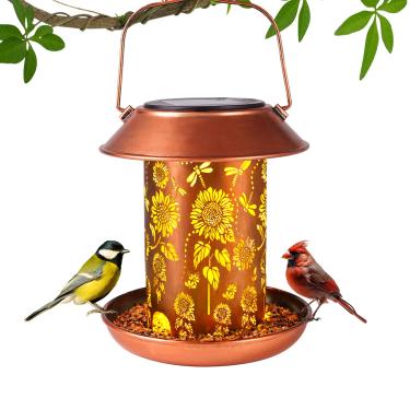 Imagem de Alimentadores de pássaros para uso ao ar livre pendurados metal girassol solar alimentador de pássaros à prova d'água lanterna solar decoração de jardim para mulheres, mãe, amigas, amantes de pássaros