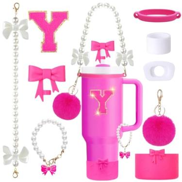 Imagem de Conjunto de acessórios de copo Stanley rosa de 9 peças para copo de 850 g 1,134 g com alça, inclui alça de pérola, topos de palha e bota de laço, pingentes de decoração, adesivo de letra, tampas à