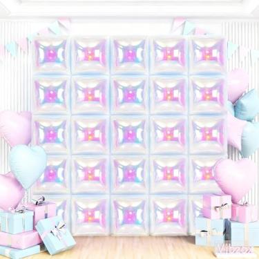 Imagem de Iridescent Square Foil Balloons Wall, Double Sided Chrome Holographic Rainbow Foil Balloons Wall Backdrop, Shiny Iridescent Balloons for Wedding Anniversary Mermaid Birthday Disco Party Decorations