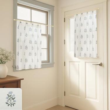 Imagem de Cortinas de porta para janela da porta da frente, de linho transparente pequeno, 101 cm de comprimento, estampa floral, beliscão, cortina curta plissada para cozinha, porta traseira, dentro da casa