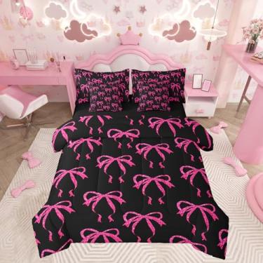 Imagem de Feelyou Conjunto de edredom infantil com laço vermelho e preto com glitter, 7 peças, solteiro, decoração de quarto de meninos e meninas, cama com laço de princesa sonhadora em uma bolsa, conjunto de
