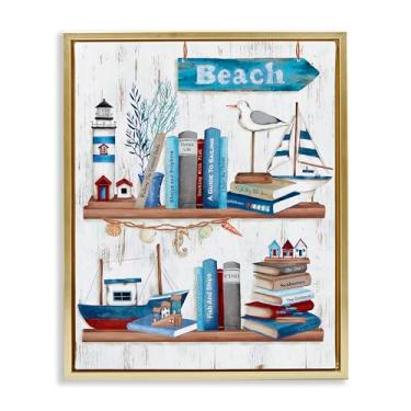 Imagem de Stupell Industries Arte de parede Nautical Books on Shelf com moldura dourada flutuante, design de Emma Leach, 78 x 63 cm