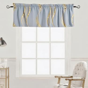 Imagem de Saia de janela moderna com padrão ondulado, cortina listrada com bolso para varão (cinza azulado e dourado, 137 cm L x 45 cm C (pacote com 1))