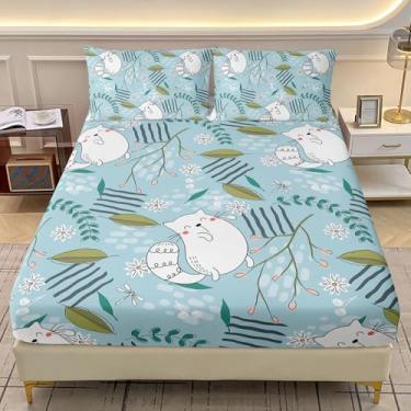 Imagem de AILONEN Jogo de cama Queen com desenho animado de gato, 3 peças, folhas de plantas e gatos, azul, adorável lençol com elástico + 2 fronhas