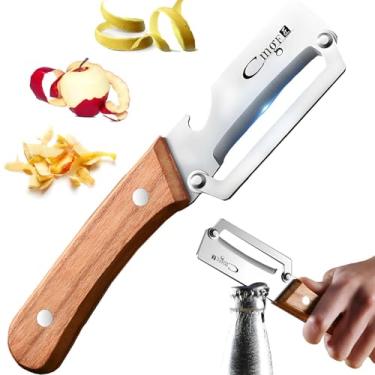 Imagem de Descascadores de vegetais de aço inoxidável para cozinha com abridor de garrafas, cabo de madeira antiderrapante - para descascar frutas e vegetais como batata, maçã, cenoura, manga, limão e