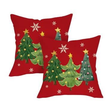 Imagem de Fjfz Conjunto de 2 capas de almofada decorativas vermelhas para árvore de Natal 45,7 x 45,7 cm, pinheiros de Natal, floco de neve, varanda, decoração de casa, decoração de casa, sofá de férias de