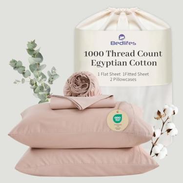 Imagem de Bedlifes Lençóis de algodão egípcio 1000 fios tamanho king, 4 peças de 40,6 cm com bolso profundo - roupa de cama ultramacia refrescante e respirável para conforto do hotel (rosa macio)