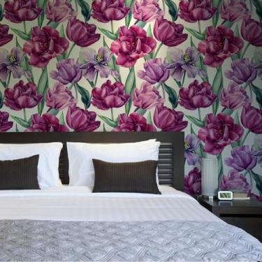 Imagem de ESSMOKO Papel de parede pintado à mão aquarela tulipa PVC autoadesivo papel de parede loja quarto sala de estar casa fundo decoração adesivo roxo 45 * 600 cm