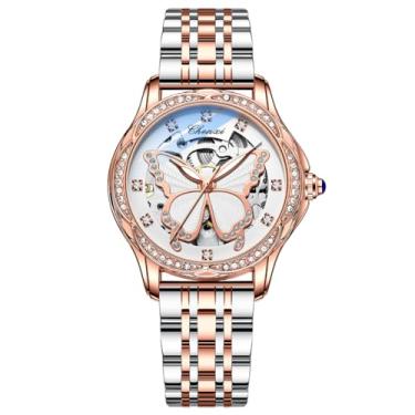 Imagem de Verhux Relógios de pulso femininos elegantes e automáticos esqueleto, dois tons, ouro rosa e prata, aço inoxidável, à prova d'água, luminos femininos, Relógios L8834 Laides