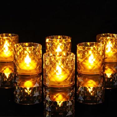 Imagem de Homemory Velas votivas sem chama com temporizador, cera real de 5 cm x 5 cm, velas douradas realistas de 150 horas, conjunto de 6 para decoração de casamento, festa e feriado (bateria incluída)