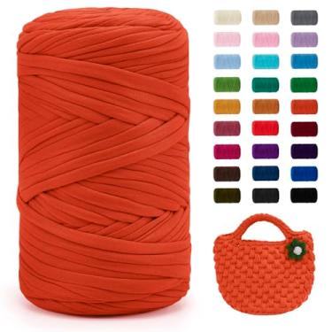 Imagem de JeogYong Fio de camiseta, 400 g/130 metros de tecido elástico para crochê, fita grossa de tecido de poliéster para sacos de crochê/cestas/tapetes, decoração de casa, artesanato DIY (laranja)