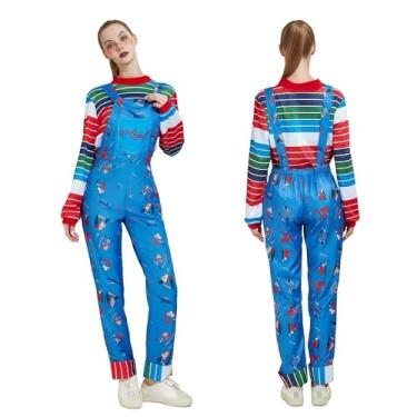 Imagem de JLFMYD 3 Pcs Women Halloween Costume Blue Cartoon Jumpsuit Overalls and Striped Shirt Cosplay, Movie Character Cosplay (S)