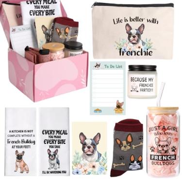 Imagem de Presentes de buldogue francês para mulheres presentes engraçados para amantes de cães Melhor presente francês para mulheres, incluindo bolsa de maquiagem, meias de copo de vidro, bloco de notas