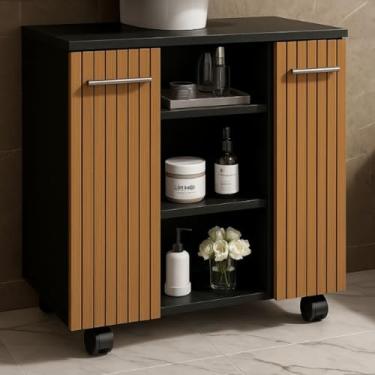 Imagem de Gabinete de Banheiro Premium para Pia de Coluna, 2 Portas, MDP, Compacto – JM3 Móveis (Preto/Ripado)