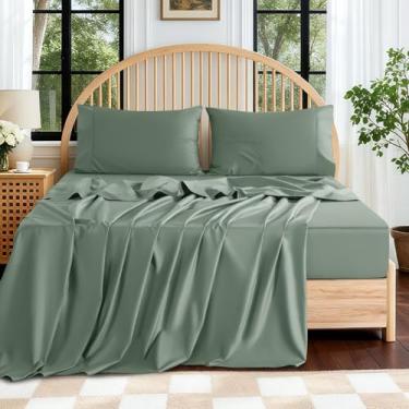 Imagem de SONORO KATE Lençóis Queen 100% algodão egípcio - 600 fios, conjunto de cama de cetim de hotel de luxo, conjuntos de lençóis macios e respiráveis, bolso profundo de 40,6 cm - 4 peças (vidro marinho