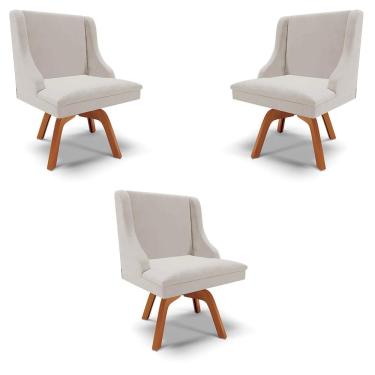 Imagem de Kit 3 Cadeiras Decorativas Sala de Jantar Base Giratória de Madeira Firenze Veludo Cinza/Natural G19 - Gran Belo