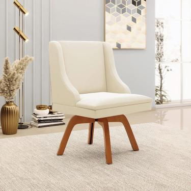 Imagem de Cadeira Decorativa Sala de Jantar Base Giratória de Madeira Firenze Veludo Bege/Natural G19 - Gran Belo