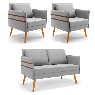 Imagem de Kit 1 Namoradeira 02 Lugares e 2 Poltronas Mari Suede Cinza Pés Palito Castanho - D'Rossi
