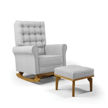 Imagem de Poltrona de Amamentação com Balanço e Puff Manu Linho Cinza Base de Madeira F06 - D'Rossi