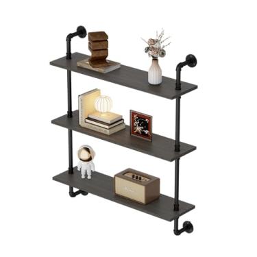 Imagem de XWNE Prateleira flutuante de tubo industrial de 3 camadas – Prateleira de armazenamento de parede de madeira rústica de 61 cm para cozinha, escritório, banheiro e decoração de casa - preta