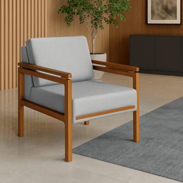 Imagem de Poltrona Para Sala Decorativa Montreal Reforçada Para Recepção Manicure Sala De Espera Consultório Escritório Confortável Em Madeira Maciça Revestimento em Linho Cinza