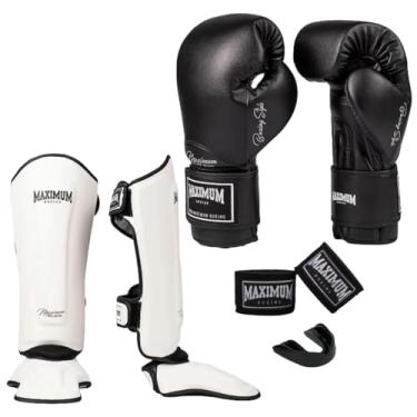 Imagem de Kit Luva de Boxe Classic Preto + Caneleira Muay Thai Branco + Bandagem 3m + Protetor Bucal - Maximum (LUVA 12oz + CANELEIRA GG)