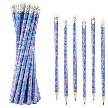 Imagem de 20 Peças Lápis Azuis de Desenho Animado com Estampas Florais e Folhas, Tema Havaiano Lápis de Madeira com Borracha Artigos para Festas Tema Havaiano para Sala Aula Escola Escritório