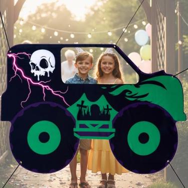 Imagem de Bafeil Banner de decoração de aniversário de fundo de caminhão monstro para suprimentos de festa de meninos, 120 x 172 cm, fundo grande de cabine de fotos, verde e roxo, para chá de bebê, adereços