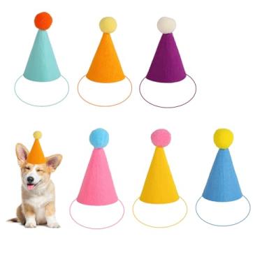 Imagem de 6 Peças Mini Chapéus Aniversário para Animais Estimação, 6 Cores Chapéu Cone de Feltro Fofo Cães Pequenos Gatos Peluches Decorações para Festas de Aniversário