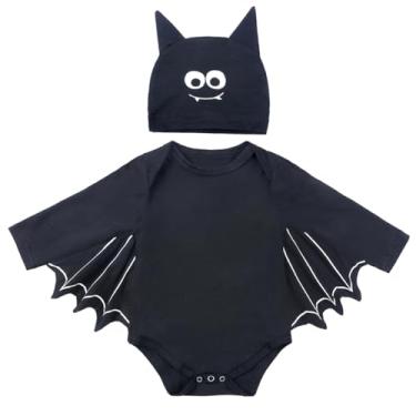 Imagem de AGQT Fantasia de Morcego Preto Bebê Menina Meninos Bebê Menina Macacão Chapéu Fantasias de Halloween Manga Longa 2 Peças Macacão Olho Preto Tamanho 6-12 Meses 80)