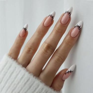 Imagem de Unhas falsas brancas francesas de amêndoa média para Halloween com design simples de Halloween, cobertura completa, cola em bastão falso artificial em unhas de acrílico para mulheres, 24 peças