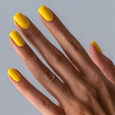 Imagem de Kit de unhas postiças curtas médias quadradas amarelas conjunto sólido cobertura completa cola em bastão falso artificial em unha acrílica para mulheres, 24 peças