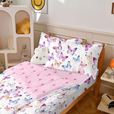 Imagem de Yadangxiawa Jogo de edredom infantil, solteiro com zíper, estampa de borboleta, com manchas coloridas, lençol com elástico e fronhas para todas as estações (borboleta)